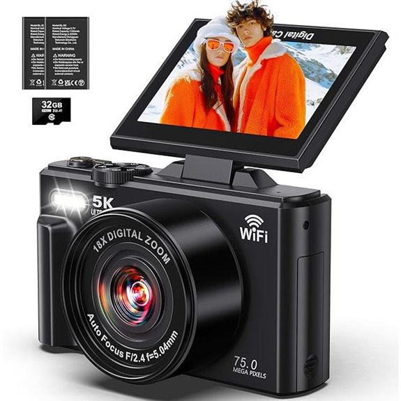 5K WiFi Camera with 75MP Flip Screen Zoom Batteries